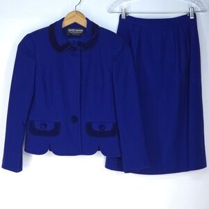 Herbert Grossman Royal Blue Wool Skirt Suit Set Womens 4 USA Velvet Trim Vintage